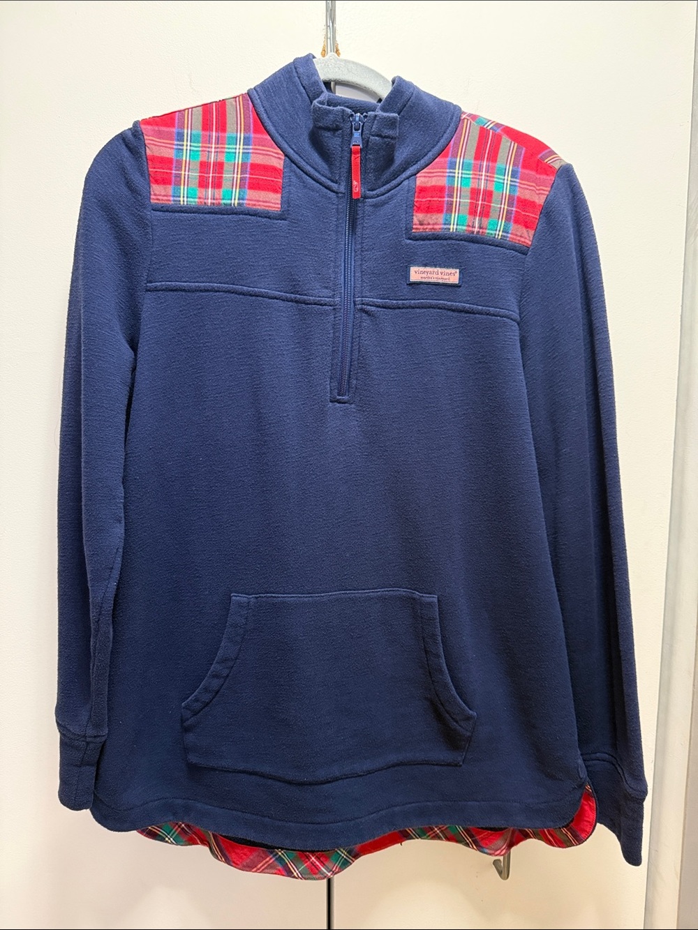 Vineyard Vines Navy Blue Fleece Pullover with Red Plaid Accents